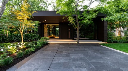 Poster - Modern House Entrance with Stone Patio and Lush Greenery