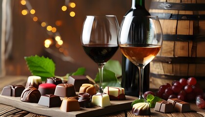 Gourmet chocolates and elegant wine glasses on a rustic table in a cozy, warm-lit atmosphere