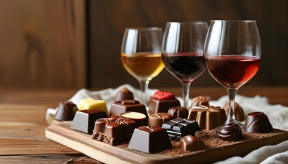 Gourmet chocolates and elegant wine glasses on a rustic table in a cozy, warm-lit atmosphere