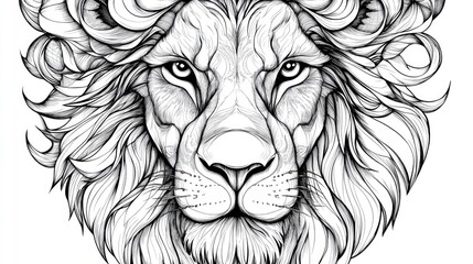 Stylized close up of a lion s head Hand drawn black contour illustration suitable for adult coloring pages prints designs decor T shirts emblems logos or tattoo elements