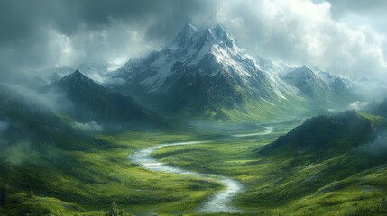 Wall Mural - Majestic Snowy Mountain Peak Surrounded by Lush Green Valley with a Winding River