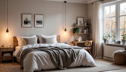 Wall Mural - Cozy bedroom with a Scandinavian design and soft lighting