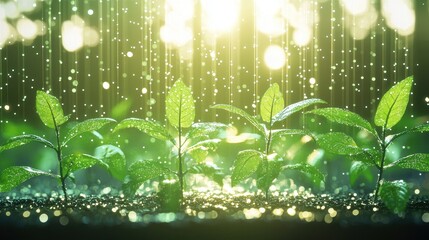 Canvas Print - Lush Green Plants in Rain with Bokeh Lights