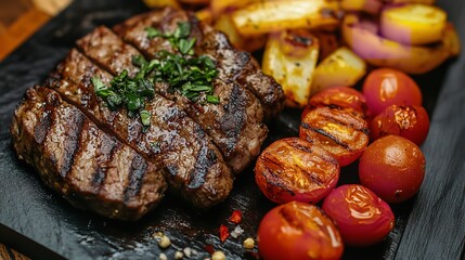 Wall Mural - Delicious Beef Entrecôte Served with Fried Potatoes, Grilled Peppers, Cherry Tomatoes, and Onions