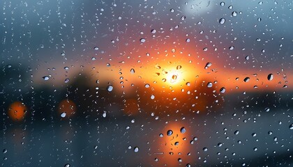 Serene reflection of raindrops on glass with a blurred sunset, capturing the beauty of nature and the passage of time.