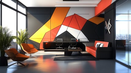 Dynamic geometric design with bold colors and sharp lines, ideal for a contemporary office space