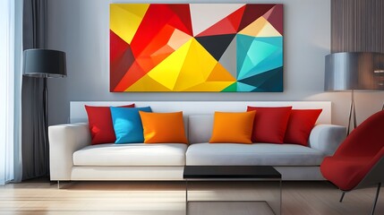 Eye-catching geometric artwork with bold shapes and vibrant colors for modern living room decor