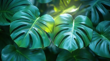 Wall Mural - Lush Green Monstera Leaves Illuminated by Sunlight