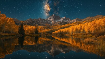 Wall Mural - Mountain Range Reflected in Still Lake Under Starry Night Sky