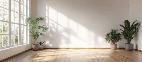 Poster - Minimalist Scandinavian interior design featuring an empty white room adorned with plants and a wooden floor 3D rendering