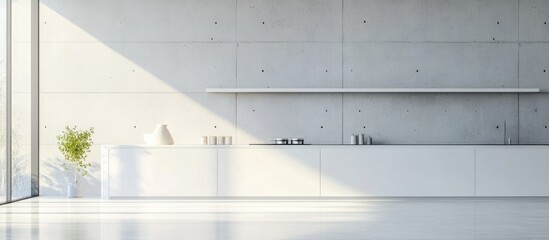 3D illustration of a contemporary white kitchen featuring a concrete wall design