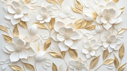 Wall Mural - White and Gold  D Floral Wall Decor