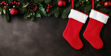 Stockings hung by the Christmas backdrop with festive decorations, creating a traditional holiday scene