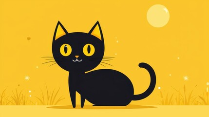 Sticker - Cute Black Cat Cartoon Illustration on Yellow Background