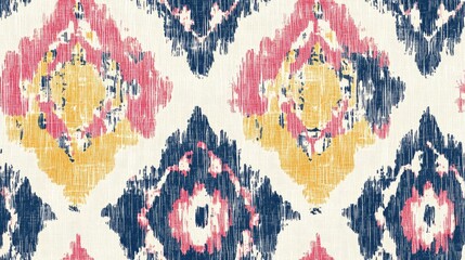 Ikat seamless pattern featuring a tribal vintage motif with a simple graphic texture Traditional tribal print design in various colors including white blue pink yellow and red