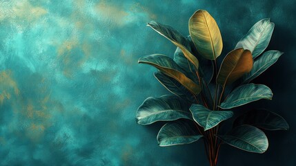 Wall Mural - Lush Green Leaves Against Teal and Gold Background