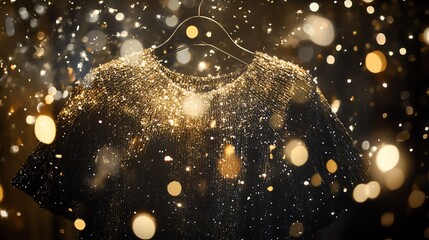 A Black Glittery Dress Hanging with a Gold Background of Blurred Lights and Confetti