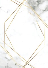 A white marble background with golden geometric frame for wedding invitation card, vector illustration. No text on the frame, only the outline of an octagon shape. A luxurious and minimalistic design