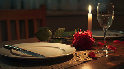 Table setting with empty large flat dinner plate with rose flower and candle.