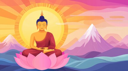 Poster - Buddha Meditation  Lotus Flower  Mountains and Sunset  Illustration