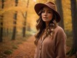 © shrinay - Beautiful woman in a stylish sweater and hat walks in the autumn forest