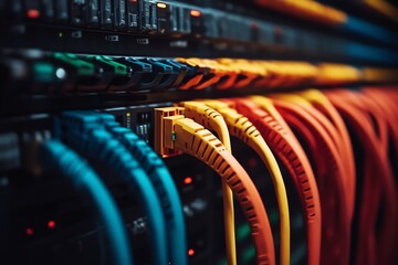 Wall Mural - Close-up of Colorful Ethernet Cables Connected to a Server Rack