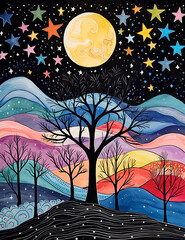 Wall Mural -  A colorful landscape with trees, a full moon, and stars in the sky, in a detailed, hand-drawn doodle style.