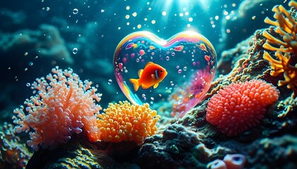 Heart-shaped bubble encasing vibrant coral and a small fish in a radiant underwater paradise illuminated by sun rays