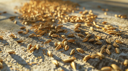 Scattered grains of wheat on a wooden surface with soft lighting