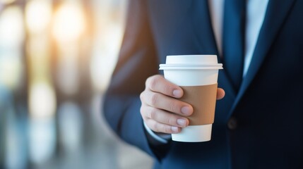 A businessman holding a takeaway coffee cup in a modern office environment during the morning rush.