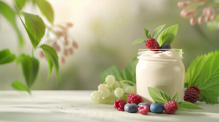 Jar of yogurt with fresh berries and green leaves in a garden setting.