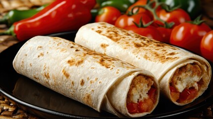 Wall Mural - Grilled Tortilla Wraps with Peppers and Tomatoes on Black Plate