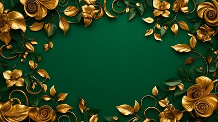 Elaborate golden floral curls on a lush green background, seamless pattern with high contrast, a blend of classic and contemporary design, suitable for luxury product design, 3D rendered.