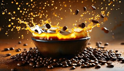 Dynamic swirl of coffee with scattered coffee beans around an overflowing bowl, showcasing rich textures and flavors in an enticing arrangement.