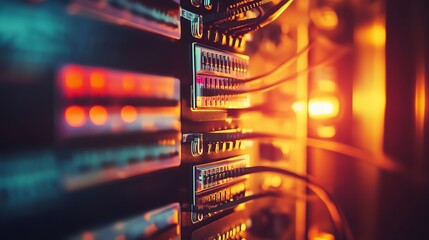 Close-up of Network Server Ports with Cables and Glowing Lights