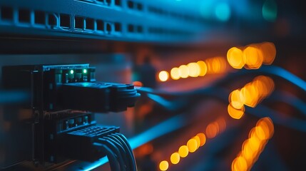 Wall Mural - Server Rack With Blue and Orange Lights and Cables