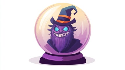 Fantasy crystal ball with a cartoonish flat 2D illustration of a sinister magician s head set against a white background