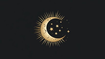 Elegant gold logo featuring sun moon and stars in a flat design style