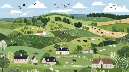 Sticker - Idyllic Rural Landscape with Cottages  Horses and Sheep