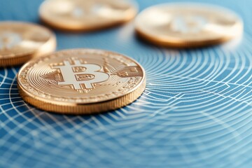 Poster - Close-up of Bitcoin Coins on Abstract Circuit Board Background - Modern Digital Currency Concept
