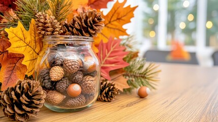 Sticker - Autumnal Pine Cones and Leaves in Glass Jar on Wooden Table