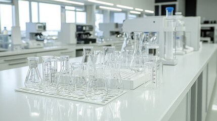 Wall Mural - Empty Glass Beakers and Flasks in a Modern Laboratory