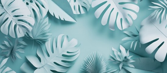 Wall Mural - 3D rendering of a minimalistic background featuring creative tropical leaves including monstera leaves in an artistic paper illustration style