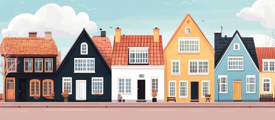 Scandinavian style house fronts along a street featuring a variety of cartoonish facades showcasing small colorful modern and vintage homes including cozy cottages and villas