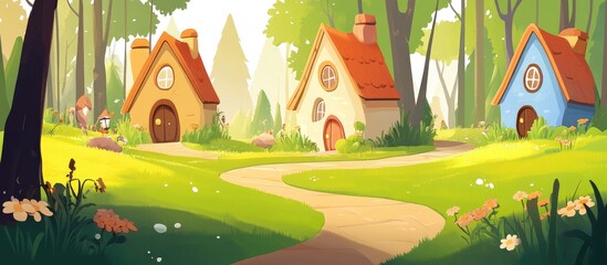 Charming gnome village featuring delightful small homes Enchanting cartoon scenery with a pathway and meadow set against a forest backdrop Ideal for children s illustrations in flat design