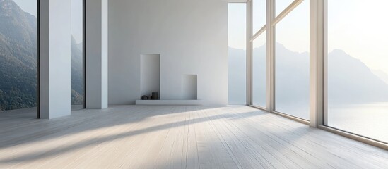 Minimalist white room interior featuring wooden flooring large wall decor with landscapes visible through windows Nordic design aesthetic 3D rendering of a serene living space