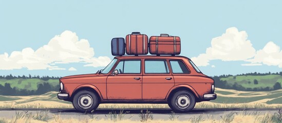 Hand drawn illustration of a car featuring luggage in a scenic background