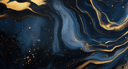 Abstract blue and gold marble texture with swirling patterns and gold glitter.