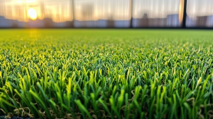 Wall Mural - Lush Green Grass Blades Closeup Under Sunset