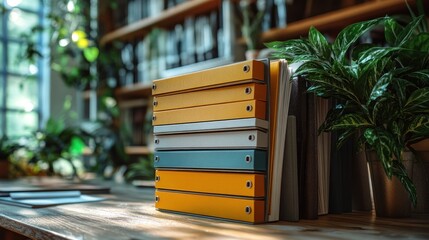 Canvas Print - Stack of Colorful Binders on a Wooden Table